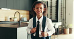 Smile, school and girl in home ready for first day with uniform, confidence or child development. Pride, happy and portrait of student in kitchen with backpack, education or study for kids growth