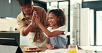 Child, e learning and mother with high five, tablet and support in writing notes, education or study. Young girl, woman and sandwich on tech for knowledge, development or help in home for creativity