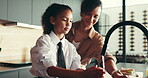 Hygiene, mother and girl with washing hands at faucet in kitchen for germ prevention, disinfection and support. Happy family, woman and teaching child to clean skin for bacteria, wellness and routine