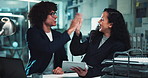 Office, night and business people high five with tablet for online report, research and proposal. Corporate, teamwork and man and woman on digital tech with victory, achievement and celebrate project