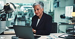Office, typing and mature woman at laptop for business plan, growth or development in risk management. Research, stats and consultant with online report, review or data analysis at financial agency