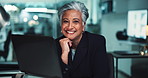 Office, business and face of mature woman on computer for online research, internet and website. Corporate, manager and portrait of person on laptop for project, email and planning at desk