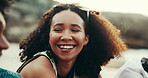 Face, laughing and smile with friends on beach together fo holiday, travel or vacation in summer. Bonding, love or relax and woman with group of people outdoor on coast for morning or weekend fun