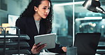 Tablet, business woman and laptop in office for investment deal, commercial broker and checking report at night. Account agent, professional and digital tech for portfolio review and company revenue