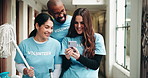 Smile, volunteer and team of people with phone for donation, cleaning and charity at NGO. Mobile, happy group and community service at nonprofit for social media app, funny meme and friends laughing