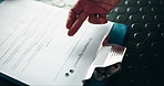 Pet, adoption and documents with hands of person for application form, agreement or paperwork. Contract, Foster home, animal welfare or signature with closeup of clipboard for writing and information