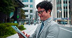 Japanese, businessman and happy with tablet in city, market research and online review for realtor. Urban, male person and real estate agent with digital for property listing, application and scroll