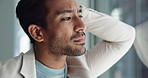 Thinking, anxiety and window with business man in office for problem solving, bankruptcy and frustrated. Stress, reflection and vision with male person in agency for memory, future and crisis worry