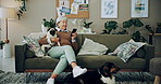 Home, dogs and senior woman with smartphone, typing and social media with connection. Pensioner, apartment and elderly lady on couch, best friends and pet with cellphone, message to contact and relax