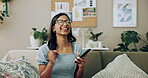 Wow, winner and woman with smartphone, home and celebration for notification, lottery and excited. Success, happy and person with mobile for prize, giveaway and victory for competition and house