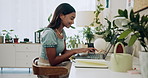 Woman, home and happy on laptop for remote job, writer and online research for article at desk. Blog, social media and freelancer smile with digital post, internet and planning for web news story