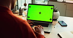 Man, hands and laptop green screen in office for business, connectivity and company research. Person, typing and computer with tracking markers for ecommerce, software update and internet banking