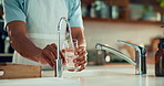 Hands, water and filter with glass in kitchen for drink, hydration and thirst as liquid for health. Person, tap and faucet in home for beverage, wellness and sustainability as fresh aqua or nutrition