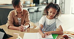 Child, e learning and woman with tablet, writing notes and support for education or studying. Young girl, mother and technology for knowledge, development and growth in family home for online course