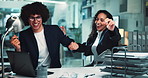 Happy, laptop and business people dance in office with victory, achievement and celebrate project. Corporate, teamwork and man and woman for good news, online success and promotion on computer