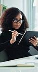 Business woman, tablet and pen for research, profit update and investment revenue in office. Digital technology, African professional and planning budget, savings or financial consultant review email