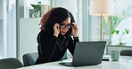 Business, woman and glasses on laptop in office for vision, prescription lens and reading eye care. Female person, online research and finance website, investment feedback and administration proposal