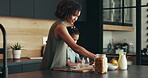 Mother, kid and prepare breakfast in kitchen for organic cereal, wheat nutrition and communication. Woman, girl and healthy food with conversation, bonding together and fibre meal for growth at house