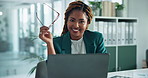 Happy, business woman and laptop with glasses in confidence for accounting job or career at office. Portrait, female person or accountant with smile, spectacles or computer for corporate finance
