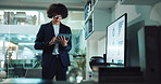 Career man, tablet and thinking for data analysis with screen, accounting or business growth stats. Male person, tech and office for planning, decision and problem solving in finance for working late