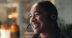 Night, smile and call center with woman, computer and help desk with connection. Telemarketing, employee and consultant in office, customer service and technical support with internet or happiness
