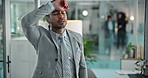 Frustrated, asian and businessman with stress for mistake, bad deal or failure on glass window at office. Upset, man or employee with anxiety or depression for corporate loss, debt or bankruptcy