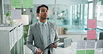 Tablet, planning and thinking with business man in office for problem solving or strategy on window. Brainstorming, mindmap and sticky notes with corporate employee at work for agenda or schedule