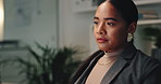 Frustrated, business woman and night with disappointment for mistake, stress or financial loss at office. Upset, female person or employee working late with bad news for debt or corporate bankruptcy