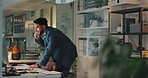 Computer, phone call and smile with business man in office at night for communication or negotiation. Investment, portfolio and stock market with broker in corporate workplace for trade consulting