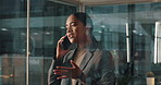 Frustrated, business woman and night with phone call for difficult negotiation, proposition or proposal at office. Upset, female person or employee working late with mobile smartphone for discussion
