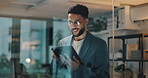 Businessman, trader and night with tablet for investment, research or corporate finance at office. Happy man, employee or investor working late with smile on technology for financial app at workplace