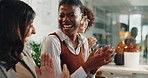 Business, people and happy with applause on laptop at office for achievement and success on creative project. Diversity, employees and smile with clapping hands for good news as graphic designers 