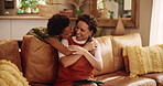 Hug, mom and son in living room, love and bonding with parent, woman and care for child in apartment. Embrace, smile and happy with kid in lounge, home and relax in weekend, family and together