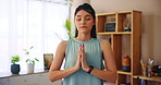 House, meditation and woman with hands together, exercise and breathing with energy. Person, apartment and girl in lounge, routine and pilates training with fitness, chakra and zen with workout