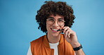 Face, customer service and man with headset, studio and communication for business, sales and talking. Blue background, space and person in call centre, conversation and smile for clients and online