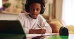Black child, tablet or writing with headphones for elearning, virtual classroom or online lesson at home. African, boy or student on technology or book for remote learning, education or homeschooling