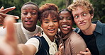 Friends, group and funny face for selfie with smile for hug, connection and photography by pool in summer. People, men and women with diversity, vacation and comic with profile picture in backyard