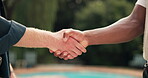 Outdoor, people and friends with handshake for greeting, introduction and trust with friendly gesture. Backyard, closeup and men with shaking hands for hello, welcome and support with thank you