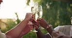 Champagne, alcohol and hands of friends with toast at party for social gathering, festive season and event. New years eve, Christmas and men and women cheers for celebration, holiday and vacation