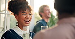 Woman, champagne and office party with celebration, conversation and alcohol on patio. Networking, event and work function with drink, group and professional with discussion on holiday together