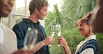 People, champagne cheers and office party on patio with celebration, staff and alcohol outdoor. Networking, event and work function with drink, group and professional with discussion on holiday