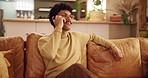 Phone call, happy and man on sofa in home for contact, online chatting and communication on weekend. Talking, living room and person on smartphone for social networking, connection and conversation