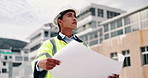 Woman, civil engineer and inspection with blueprint in city for construction or architecture plan. Female person, contractor or building inspector with document for industrial layout or development