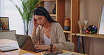 Woman, stress and virtual assistant on laptop in home office, remote worker and site glitch. Female person, online and helping difficult customer online, support and call centre agent with 404 error