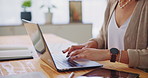 Writer, hands and typing on laptop in home for editing project draft, writing article and creative process. Remote work, woman and proofreading blog post with editor feedback for story development