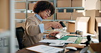 Code scan, stock and inventory with man and shipping check for logistics and delivery information. Package storage, technology and working with supply chain and product update on company website