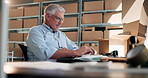 Warehouse, computer and business man for distribution, supply chain and delivery report for ecommerce. Manufacturing, export and mature for logistics, planning and shipping boxes for inventory