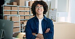 Face, confident and man with goods, warehouse and proud of startup, happy and boxes for supply chain. Factory, logistics and person with arms crossed, smile and cargo for export, entrepreneur and USA