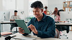 Happy, coworking and man with tablet, research and excited for programming tutorial, online and digital. Creative, scroll and planning for project, app and software engineer for ecommerce in office
