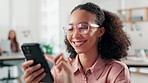 Woman, designer and happy in office with mobile, connectivity or funny social media. Creative person, glasses or phone in agency for online marketing, fun campaign or laughing with app for networking
